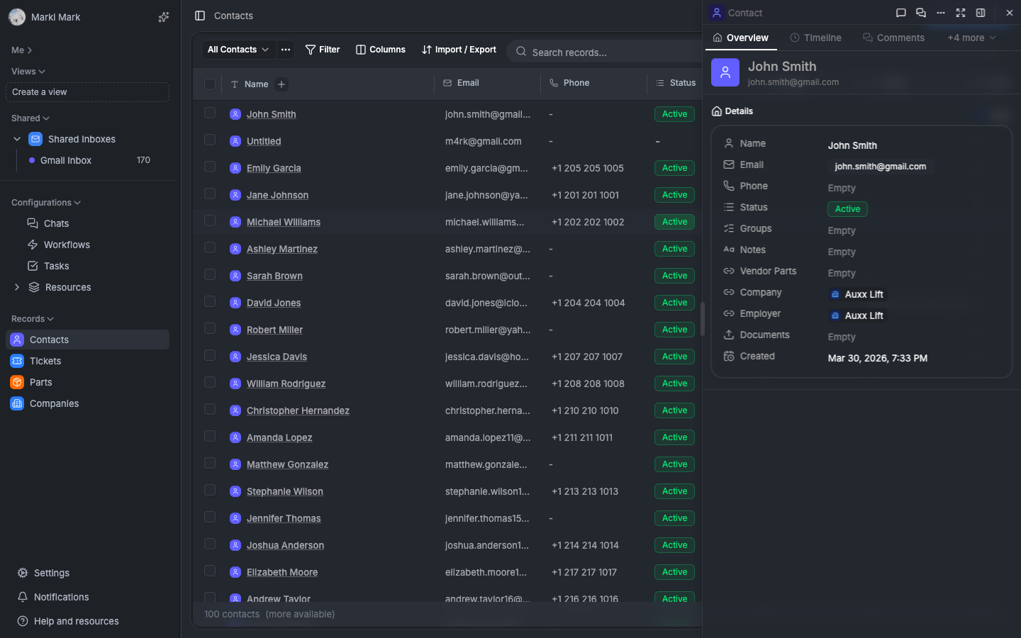 A detail panel showing field inputs — relationship picker, select dropdown, date picker, and file upload