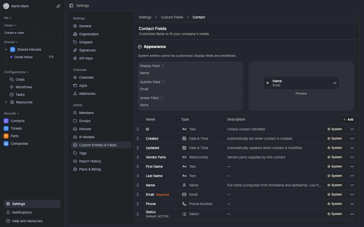 Entity definition settings showing display field configuration — primary, secondary, and avatar field selectors