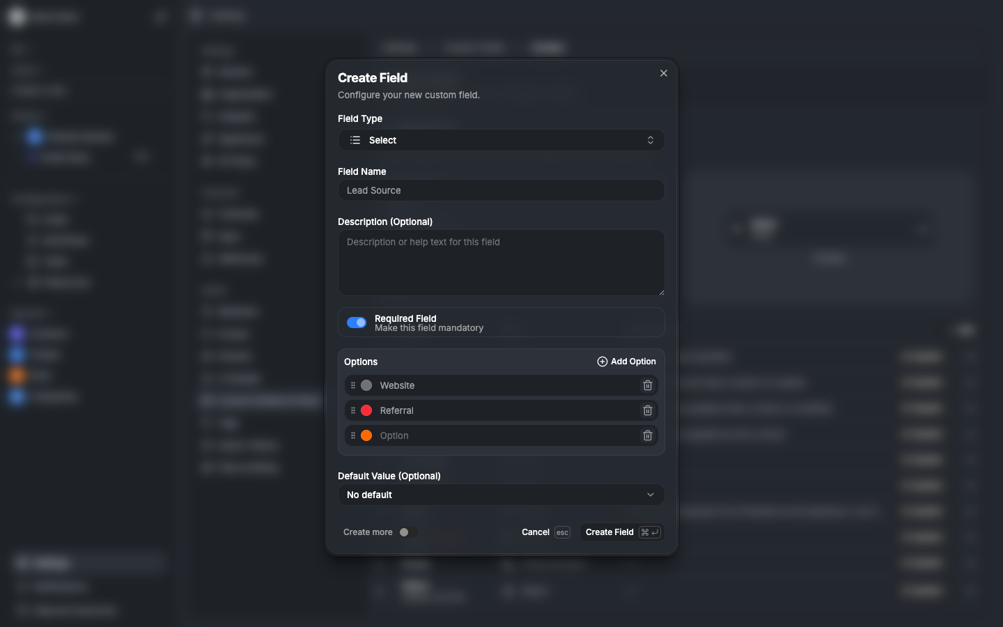 The custom field creation dialog showing field type selection, options editor with drag-and-drop, and display options