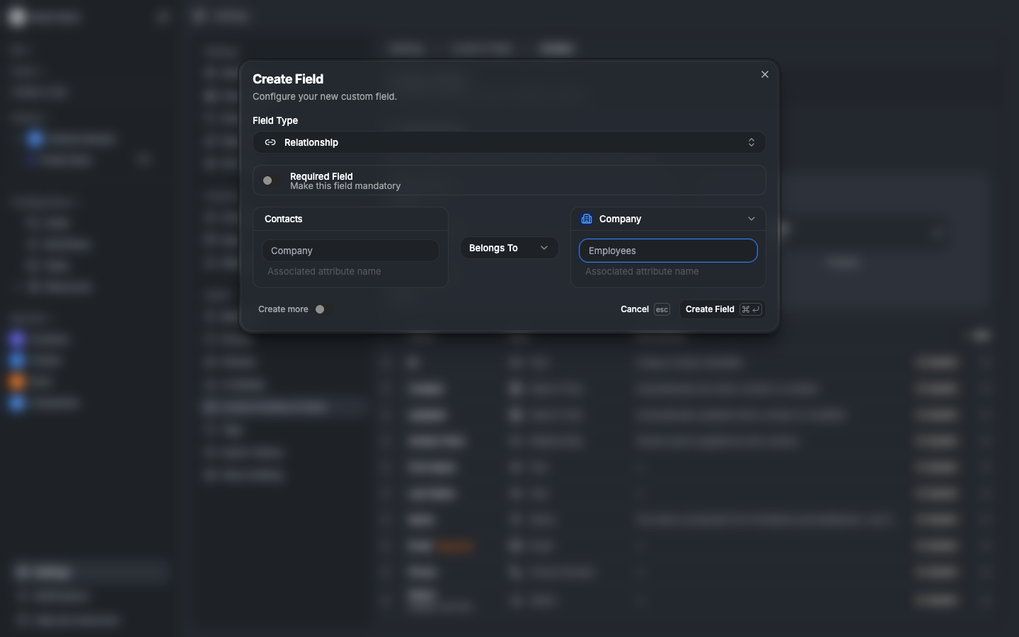 Creating a relationship field — shows the three-column editor with source field, relationship type dropdown, and target resource selector