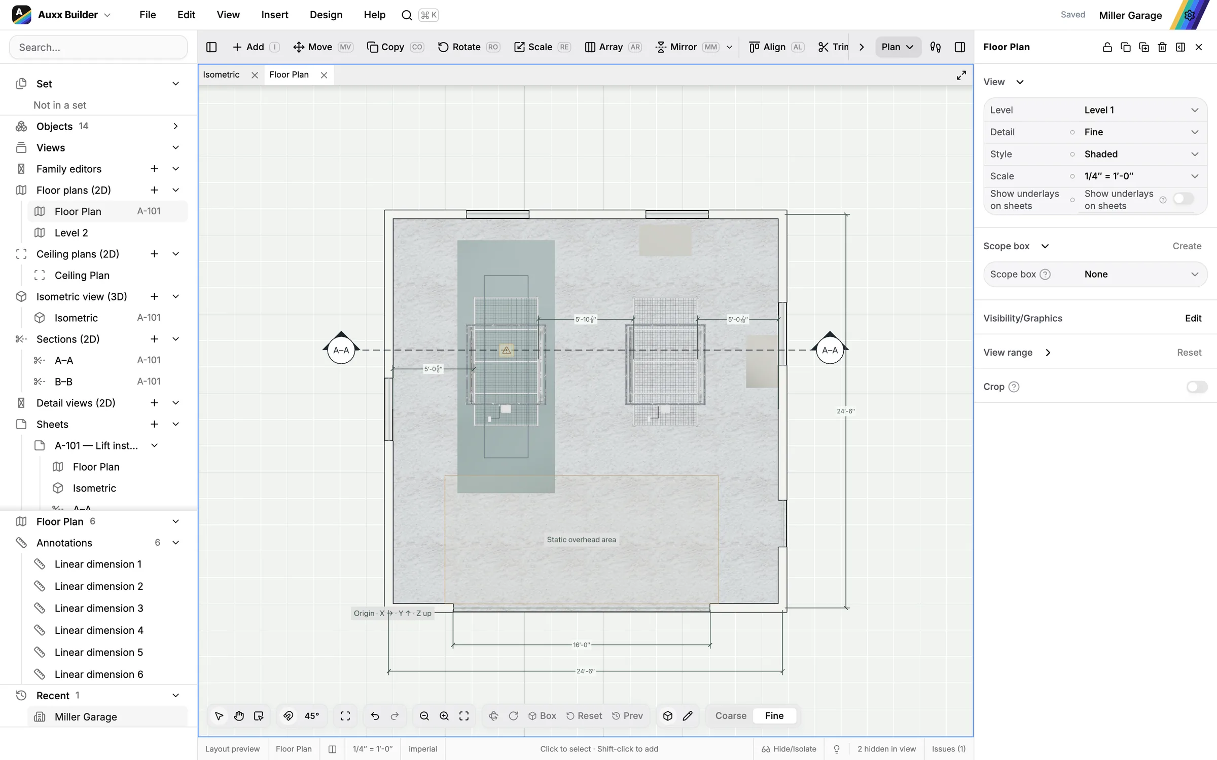 A garage floor plan with walls, doors and dimensions