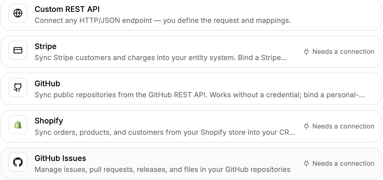 Source templates: Custom REST API, Stripe, GitHub, and Shopify