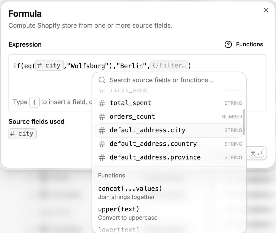 Formula editor computing a field with autocomplete for source fields and functions