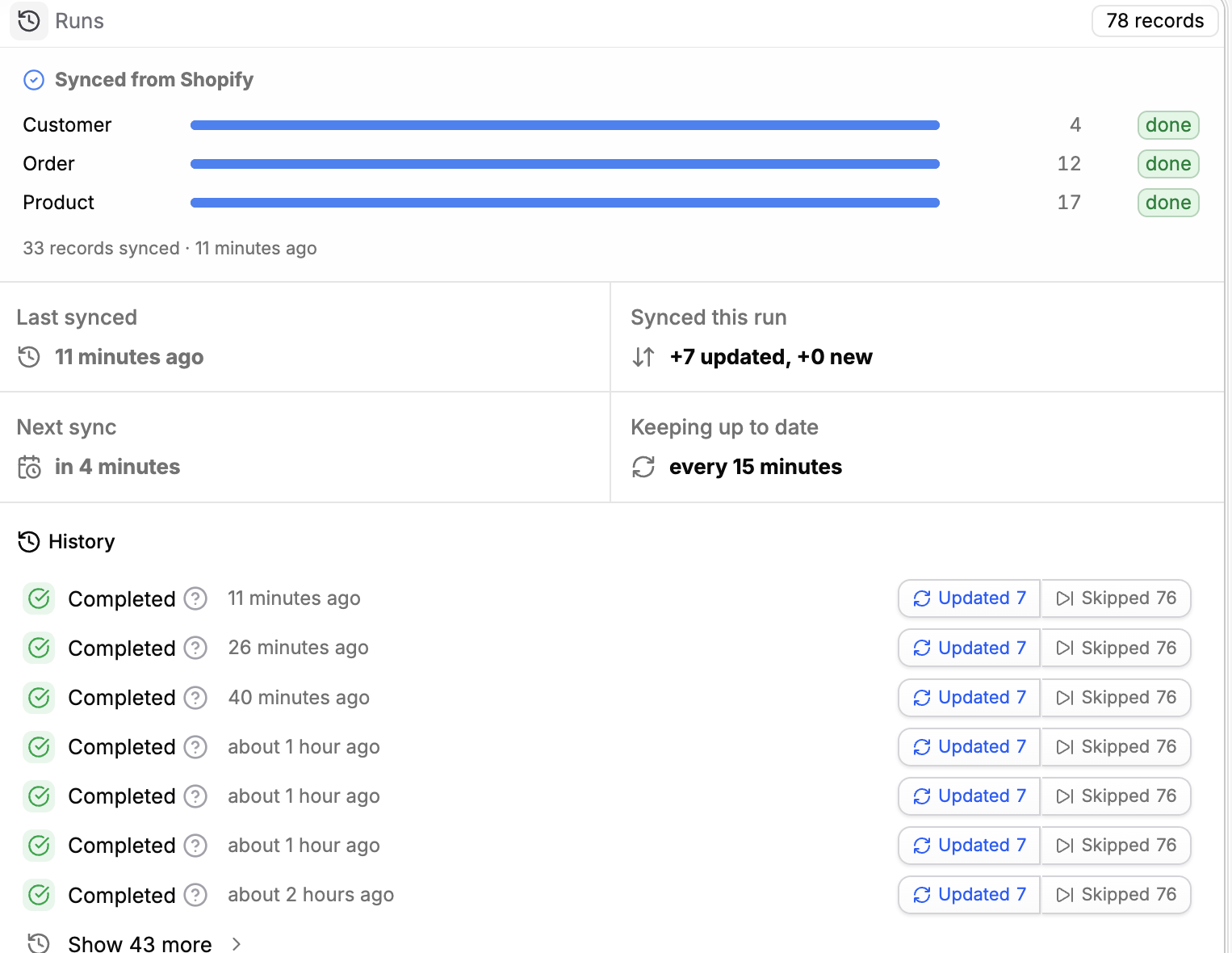 Sync runs panel with live per-stream progress and run history