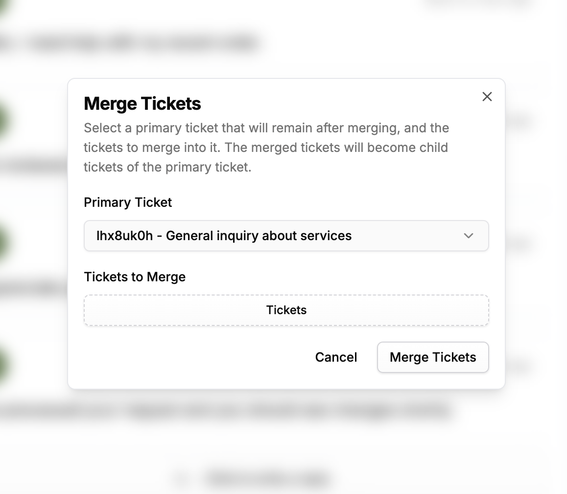 Ticket merging interface combining duplicate conversations